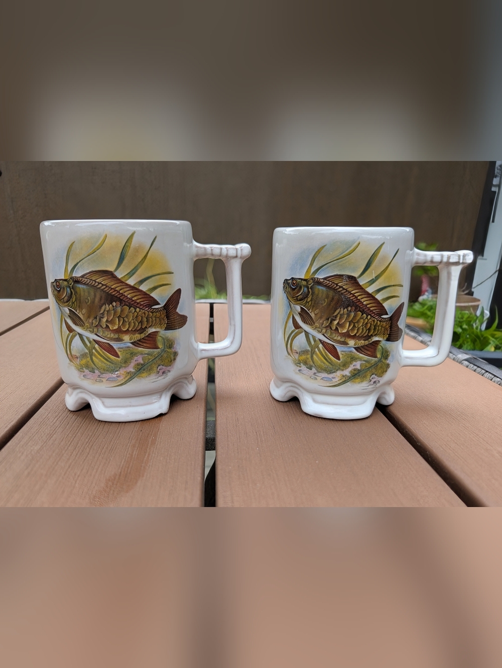 Vintage Frankoma Pottery C1 Fish Mugs, Set of 2 – Rustic Cabin/ Lake Decor – USA